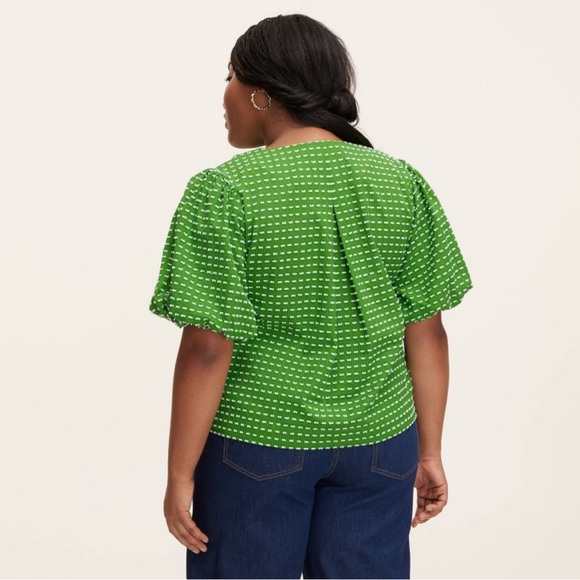 Green Puff Sleeve Blouse with Tie Front and Bib Collar - Picture 2 of 2